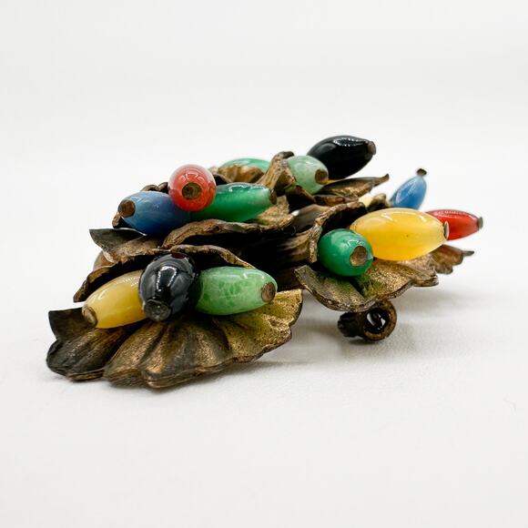 Czech Floral Bouquet Brooch c 20s Vtg Miriam Haskell Style Uranium Glass Beads - Picture 10 of 13